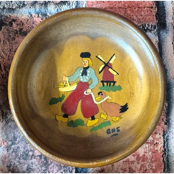 Vintage Hand Painted Folk Art Wooden Dutch Bowl Set of 4 Signed GHS 5.5" Decor - Picture 3 of 8